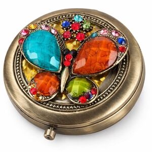 Butterfly Compact Mirror Multi Jeweled Embellished Bronze Tone Dual Side Folded